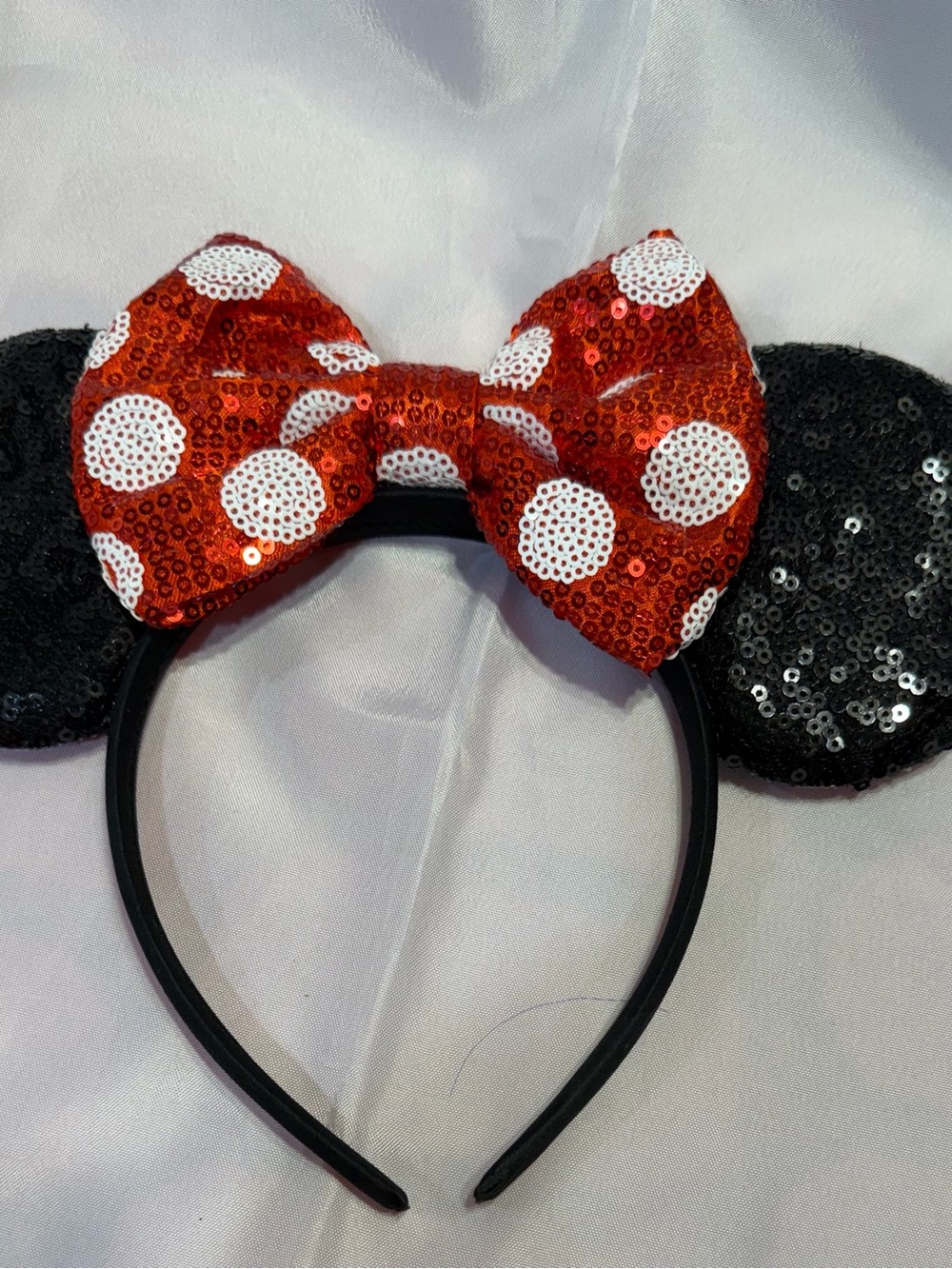 Minnie Mouse Disney Red Sequin Polka Dot Bow Headband with Black Sequin Ears - Picture 1 of 3